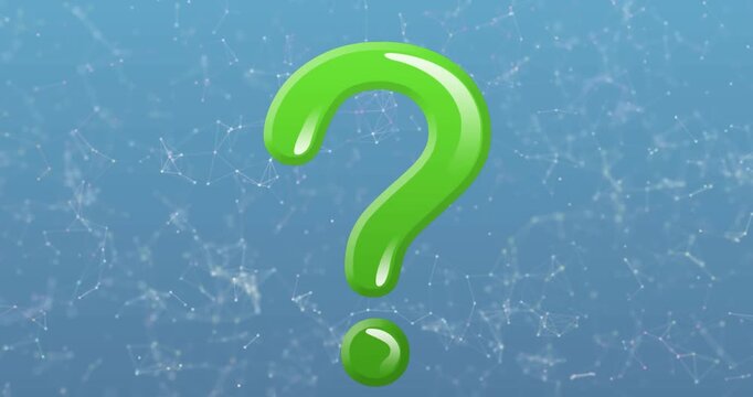Animation of question mark over network of connections on blue background