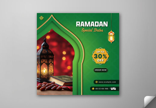 Editable Ramadan Dates Sale Social Media Post in Green Color Design with 30 Percent Discount Offer for Iftar Food Promotion.