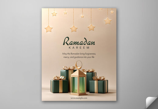Ramadan Kareem Greeting Card, Editable Social Media Template with Golden Arabic Lamp, Gift Boxes and Stars Hang on Beige Background.