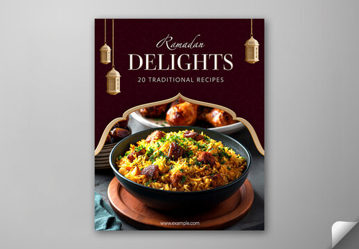 Editable Ramadan Delights Restaurant Menu Promotion Template with Authentic Iftar Cuisine and Traditional Spiced Rice Dish (Chicken Biryani) Photo.