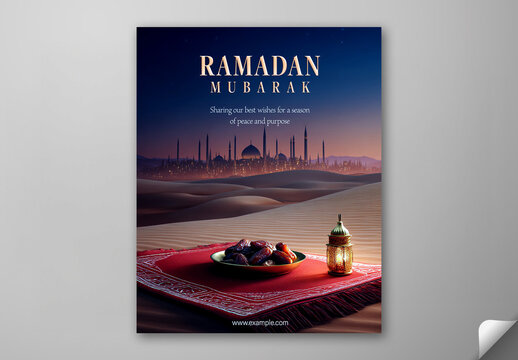 Ramadan Mubarak Greeting Card, Editable Social Media Template with Delicious Dates Plate and Golden Arabic Lantern on Prayer Mat in Desert Mosque Sunset Background.