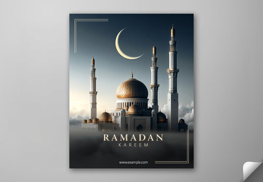 Ramadan Kareem Greeting Card, Editable Social Media Template with 3D Exquisite Mosque Illustration and Crescent Moon at Sunset Scene.