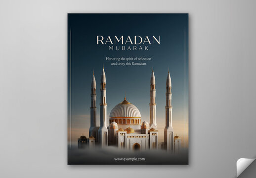 Ramadan Mubarak Greeting Card, Editable Social Media Template with 3D Exquisite Mosque Illustration in White and Golden Color at Sunset Scene.
