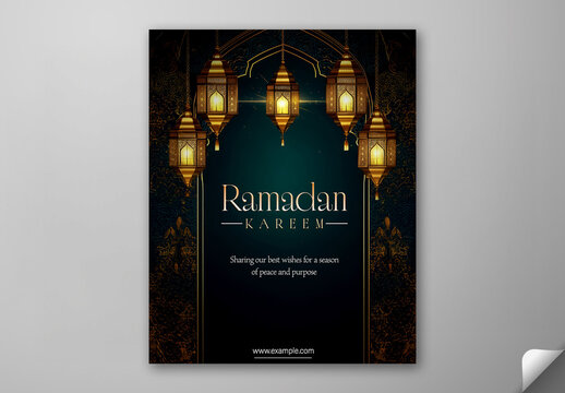 Ramadan Kareem Greeting Card, Editable Social Media Template with Illuminated Arabic Lanterns Hang on Dark Islamic Arch Design Background.