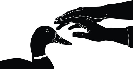 Silhouette of duck with two human hands approaching gently, black and white illustration, transparent background