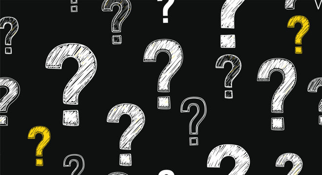 Dynamic seamless pattern of hand-drawn question marks in various sizes and styles on a solid dark black background.
