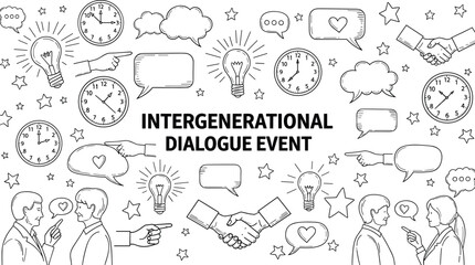 Intergenerational dialogue event illustration with communication icons, people conversations, handshakes, clocks and ideas in black and white line art