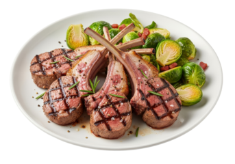 grilled lamb chops with roasted potatoes and brussels sprouts on a white plate