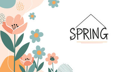 Abstract spring composition with pastel colored flowers and soft organic shapes featuring hand lettered text on a clean white background.