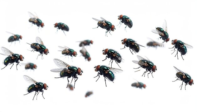 Fly swarm. Shiny, clustered insects on white. Macro