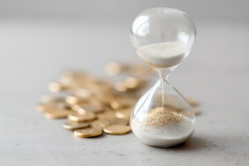 Time management concept with sand flowing through a glass hourglass, coins representing money and financial investment