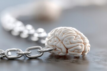 Brain model chained by metal links representing addiction, mental health issues, limitations, and cognitive dependency