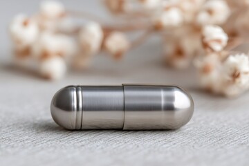 Stainless steel supplement capsule on a textured surface with blurred dry flowers, representing health and innovative medicine