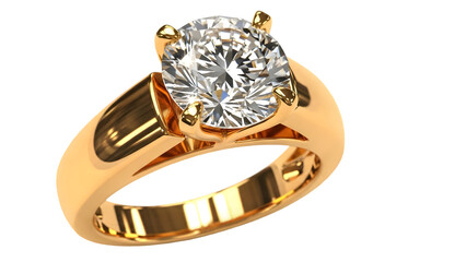 Golden jewellery fing ring with large diamond isolated on transparent background