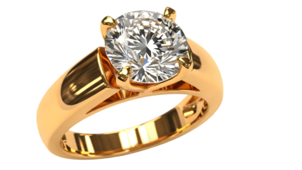 Golden jewellery fing ring with large diamond isolated on transparent background