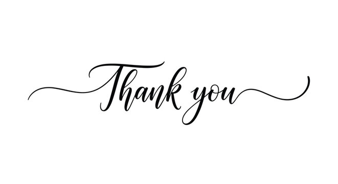 Elegant handwritten calligraphy text spelling out thank you with flowing decorative swashes on a clean and minimalist white background.