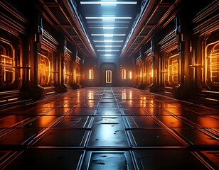 A futuristic corridor with glowing orange accents and bright blue ceiling lights casting reflections on a tiled floor