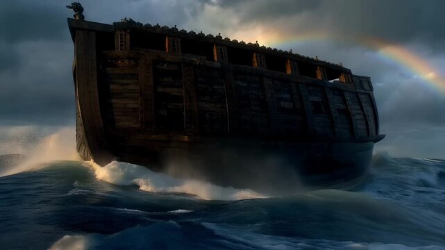 Noah's Ark sailing on a stormy sea with large crashing waves. A vibrant rainbow appears in the dramatic sky symbolizing hope. Biblical story of the great flood and survival concept