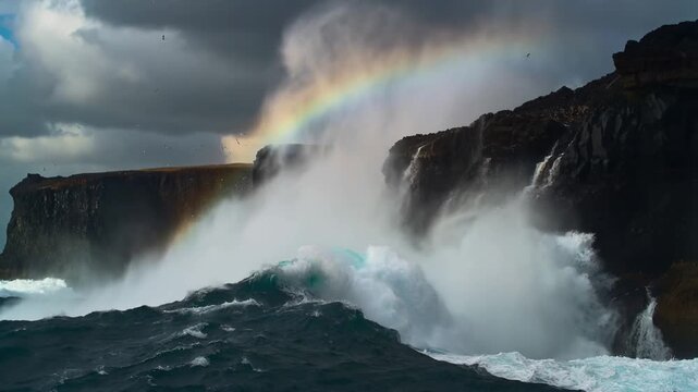 stormy sea spectacle, cliffs clash with crashing waves, towering waves crash against jagged