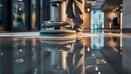 Professional worker operating a floor polishing machine on a wet, reflective floor in a modern commercial building