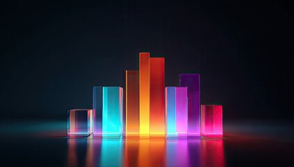 Colorful glowing translucent bars reflect on a dark, glossy, futuristic surface