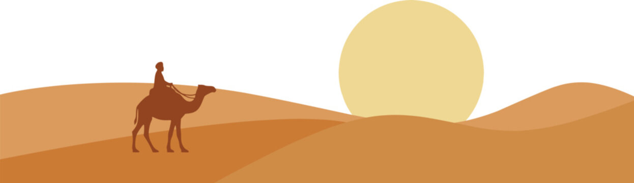 Flat desert scenery illustration featuring simple dunes and camel silhouette with clean composition and ample copy space
