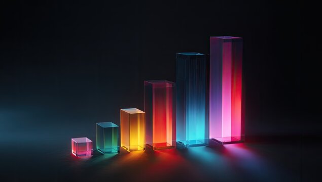 Luminescent, gradient-colored bar graph ascending brightly on a dark, reflective surface - Powered by Adobe