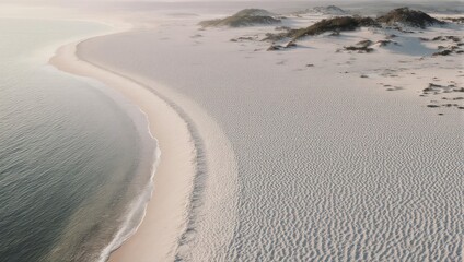 Serene Coastal Landscape with Winding Sand Dunes and Ocean.