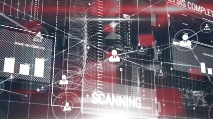 Animation of network of profile icons over interface with data processing against red background - Powered by Adobe