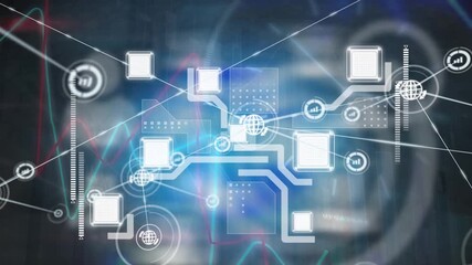 The video features a digital interface with a clock, financial data, and graphs processing - Powered by Adobe