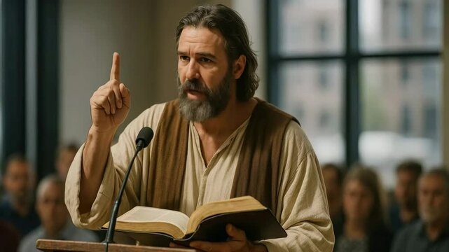 A man portraying Jesus Christ preaching a powerful sermon from the Bible. A passionate speaker teaches a congregation in a church. Christianity and faith concept