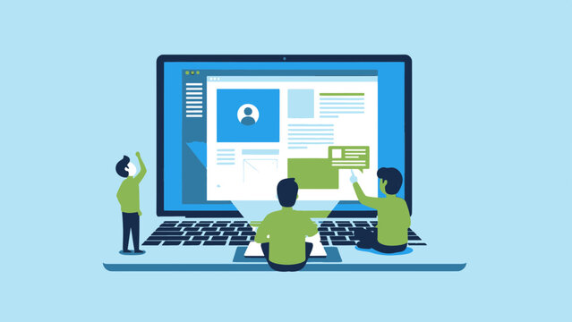 People working together on a large laptop screen displaying a website with a login page in a collaborative environment from a rear viewpoint