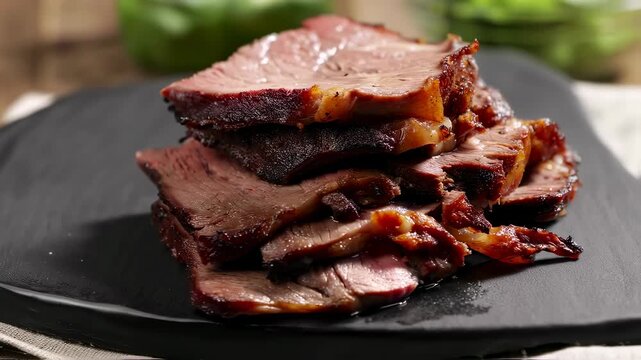 Stacked Brisket Slices on Black Plate