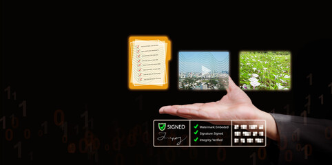 Watermark, hash, and digital signature concept. Businessman hand with digitally signed document, video, and image. Trusted content, verified asset, online file protection, and secure data management.