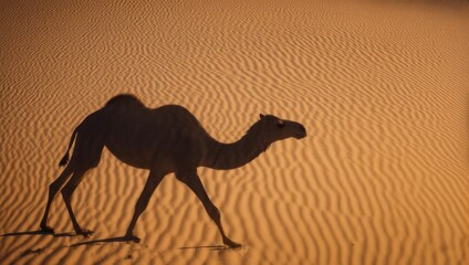 Silhouette of a Camel Walking Across Rippled Sand Dunes at Sunset.