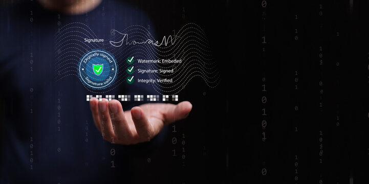 Man holding verified digital signature with watermark, encryption shield, hash, and data integrity checklist. Secure document approval, digital trust, online file protection, cybersecurity system.