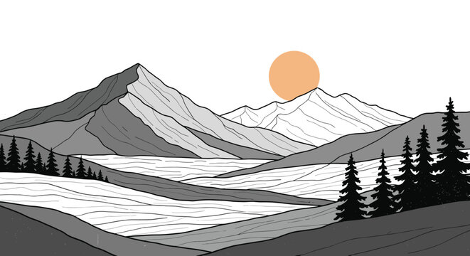 Artistic landscape illustration of majestic mountains and evergreen pine trees under a large orange sun in a clean and modern style.
