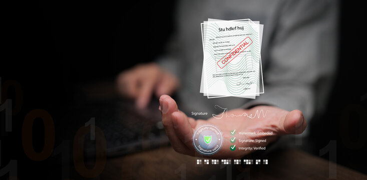 Man holding digitally signed confidential document with watermark, signature, hash, integrity verification checklist. Cybersecurity, digital file management, document protection, secure data handling - Powered by Adobe