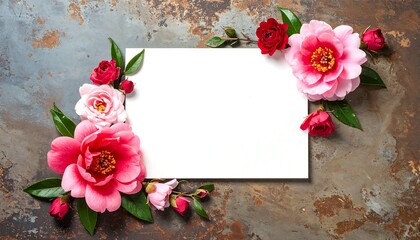 Obraz premium A blank white rectangle is framed by pink and red flowers, leaves, and buds on a mottled, textured background