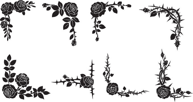 Ornate black silhouette rose and thorny vine corner decoration elements collection