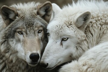 Obraz premium Two wolves are cuddling, showing affection and tenderness in their natural environment