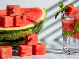 Refreshing watermelon cubes and mint garnish in a glass with sparkling water