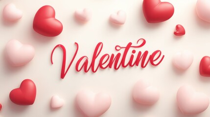 Elegant photo of Valentine text with 3D red and pink hearts on light background for Valentine's Day greeting card design