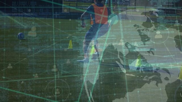 Animation of globe, connected icons, computer language over african american male player doing drill