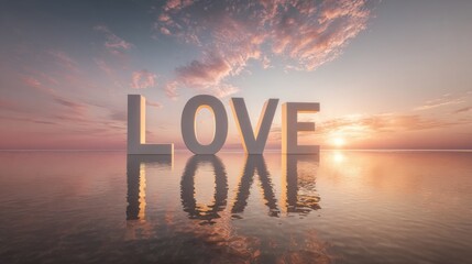 Elegant photo of Word LOVE in large 3D letters standing on a tranquil sea at sunset with reflections