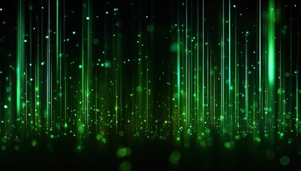 Dark abstract background with luminous green vertical light streaks and shimmering particles
