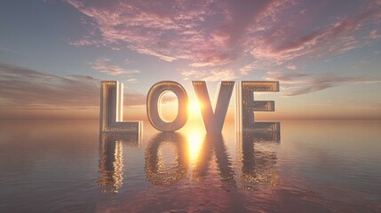 Elegant photo of Large 3D Love Sign with Glowing Marquee Lights on Calm Water Surface at Sunset