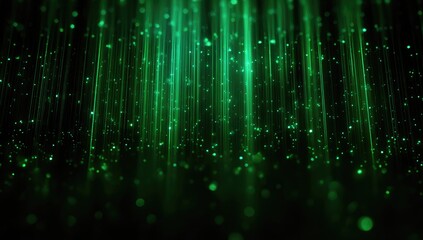 Vibrant green vertical light beams with sparkling particles on a dark background