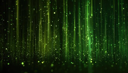 Dynamic vertical green and yellow light beams with sparkling particles on a dark backdrop
