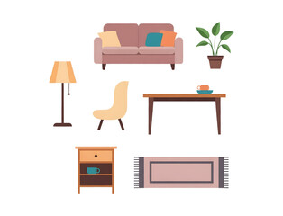 Cozy Living Room Furniture Icons Set Isolated on Transparan Background